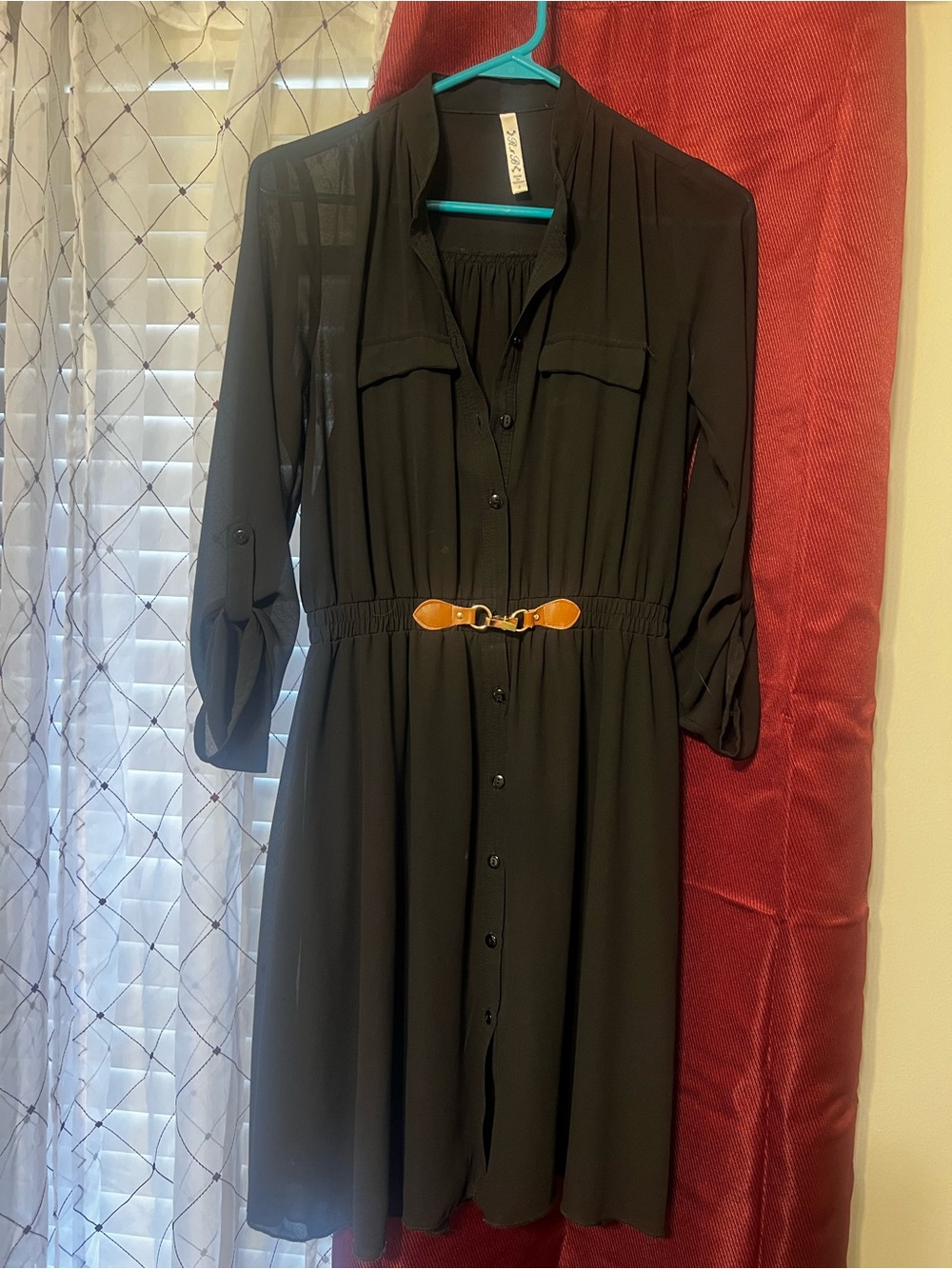 Black Button-Front Shirt Dress with Belt